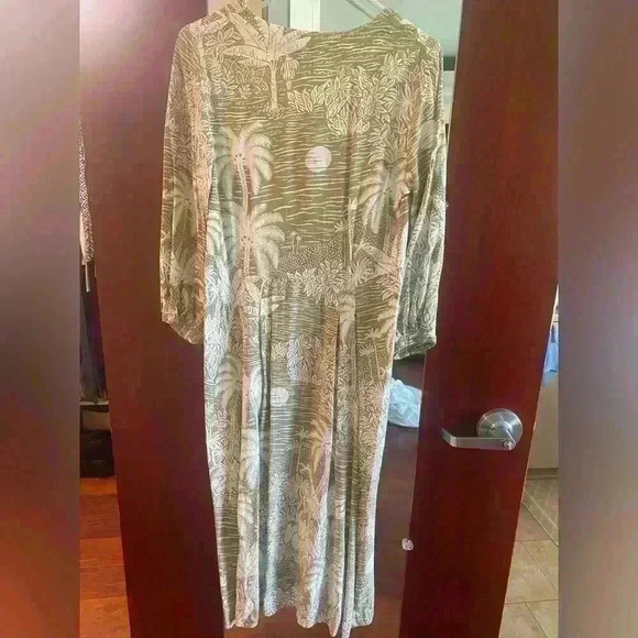 Desmond & Dempsey x H&M Linen Pleated Palm Tree Green White Midi Dress Sz. XS - Picture 6 of 7